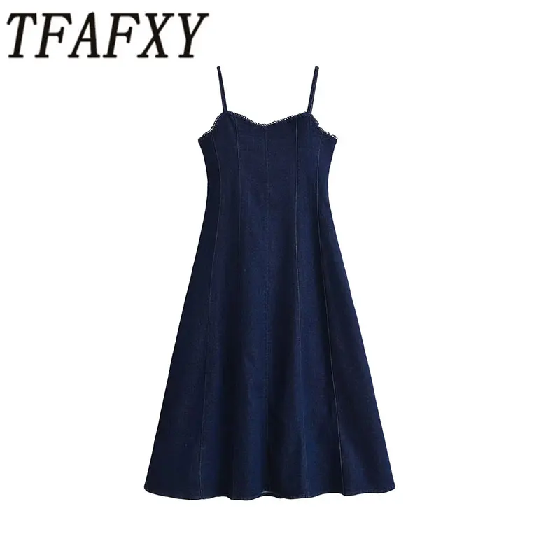 TFAFXY 2026 Frühling Vintage Chic Lässiges Damenkleid Denim Einfarbig Reißverschluss Spaghetti-Träger-Kleid Neue Mode Sommerkleid