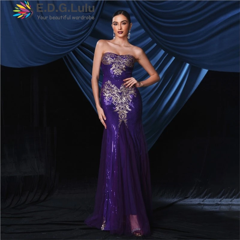 

EDGLuLu Strapless Design Luxury Gold Print Sequins Birthday Dress Ladies Elegant Backless Purple Long Evening Dress 0714