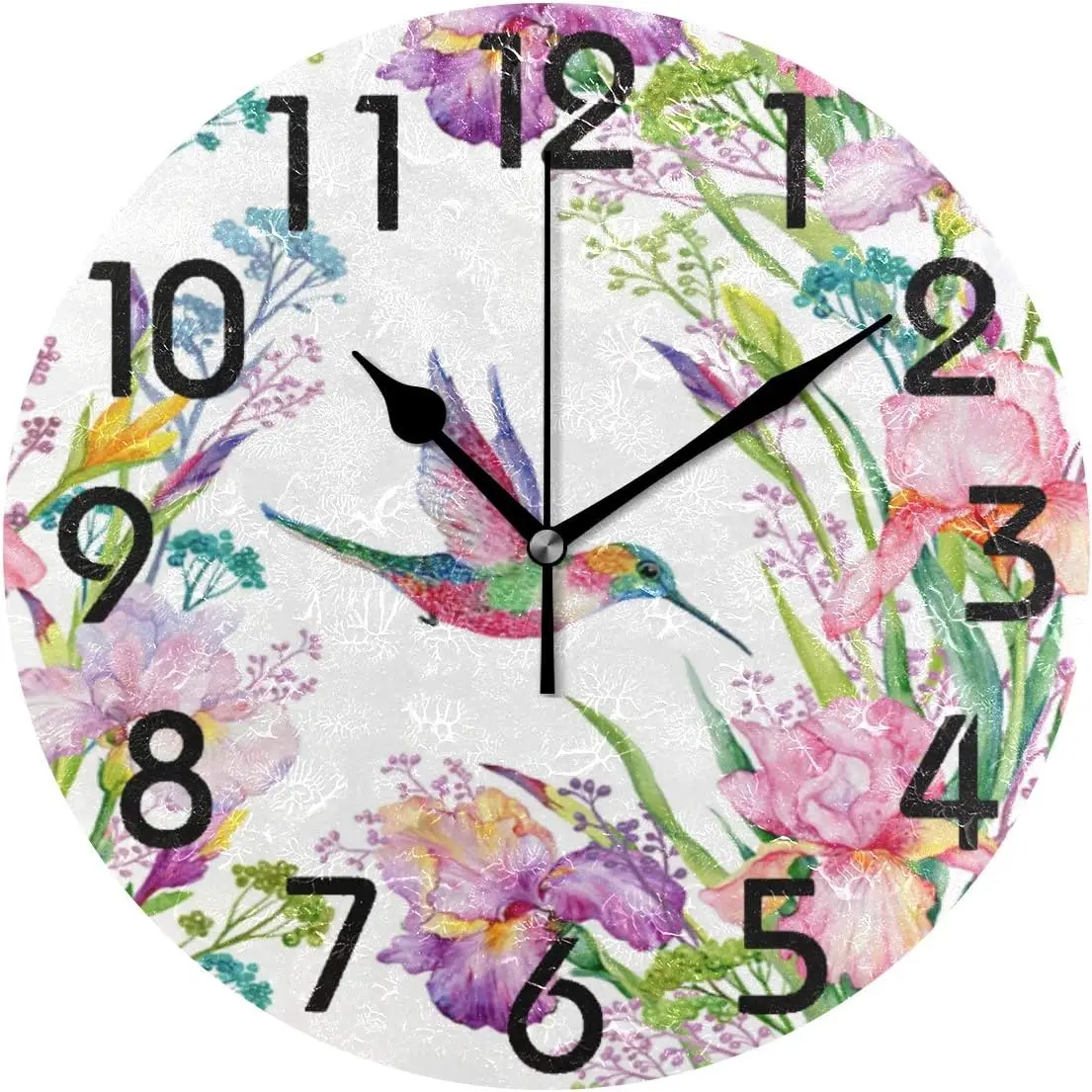 Spring Hummingbird Irises Flowers Print Round Wall Clock, 9.5 Inch Battery Operated Quartz Analog Quiet Desk Clock for Home,Offi