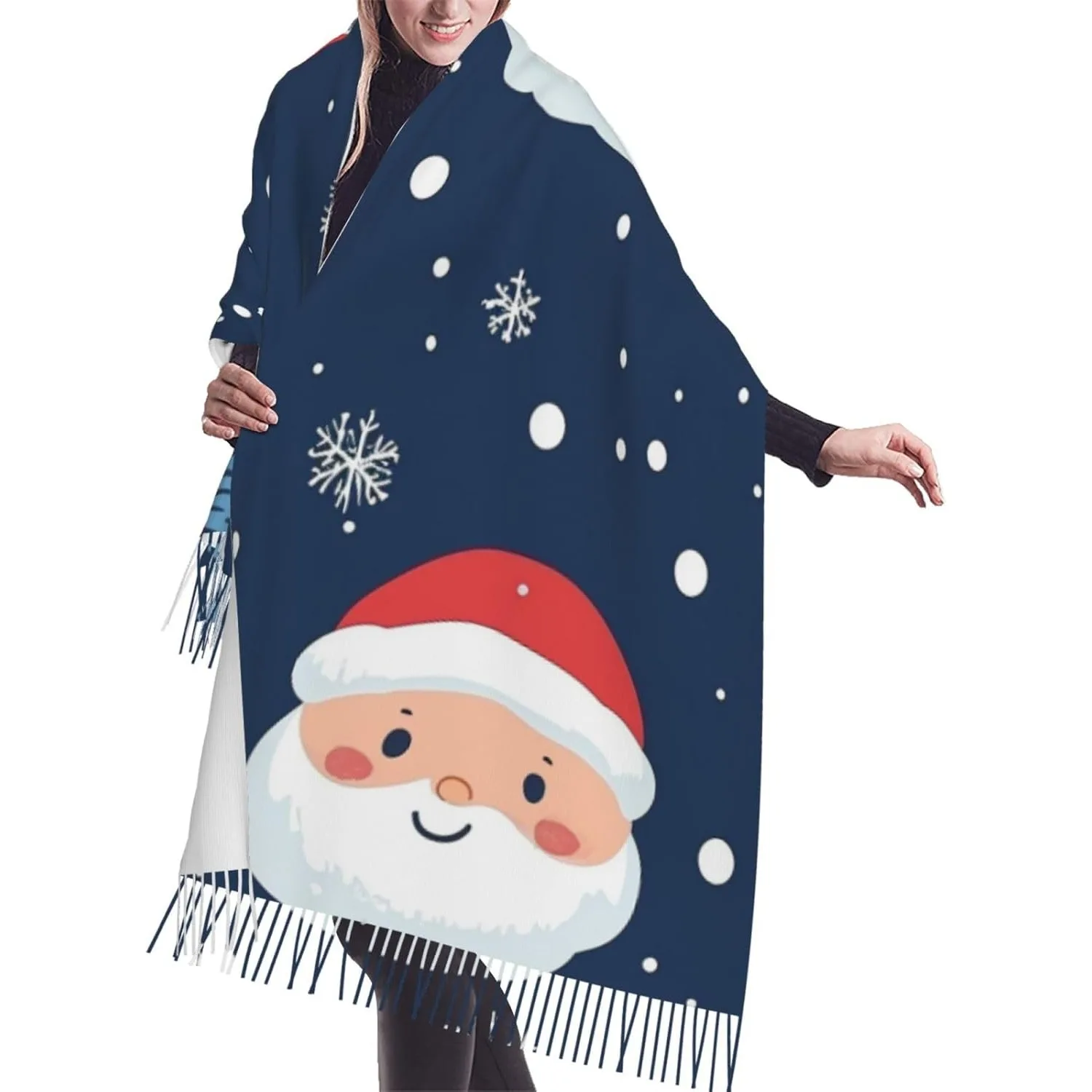 

Теплая зимняя шаль Санта-Снежинки для женщин с бахромой с кисточками, одностороннее уютное одеяло с принтом, шарф для холодной погоды