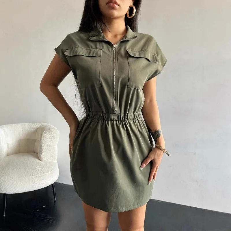 

2025 Summer Solid Slim Casual Cargo Dress Women Turn Down Collar Short Sleeve Elastic Waist Zipper Hipster Streetwear Dresses