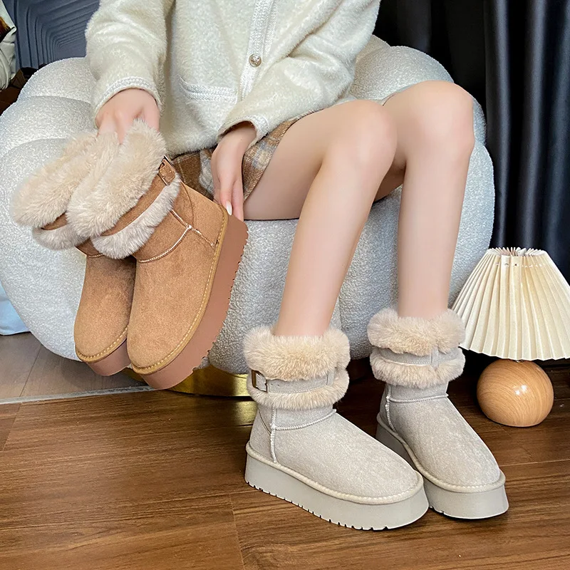Genuine Leather Thick-soled Snow Boots Women New Style Fur Integrated Short Boots Plus Velvet Anti-slip Fashionable Cotton Shoes
