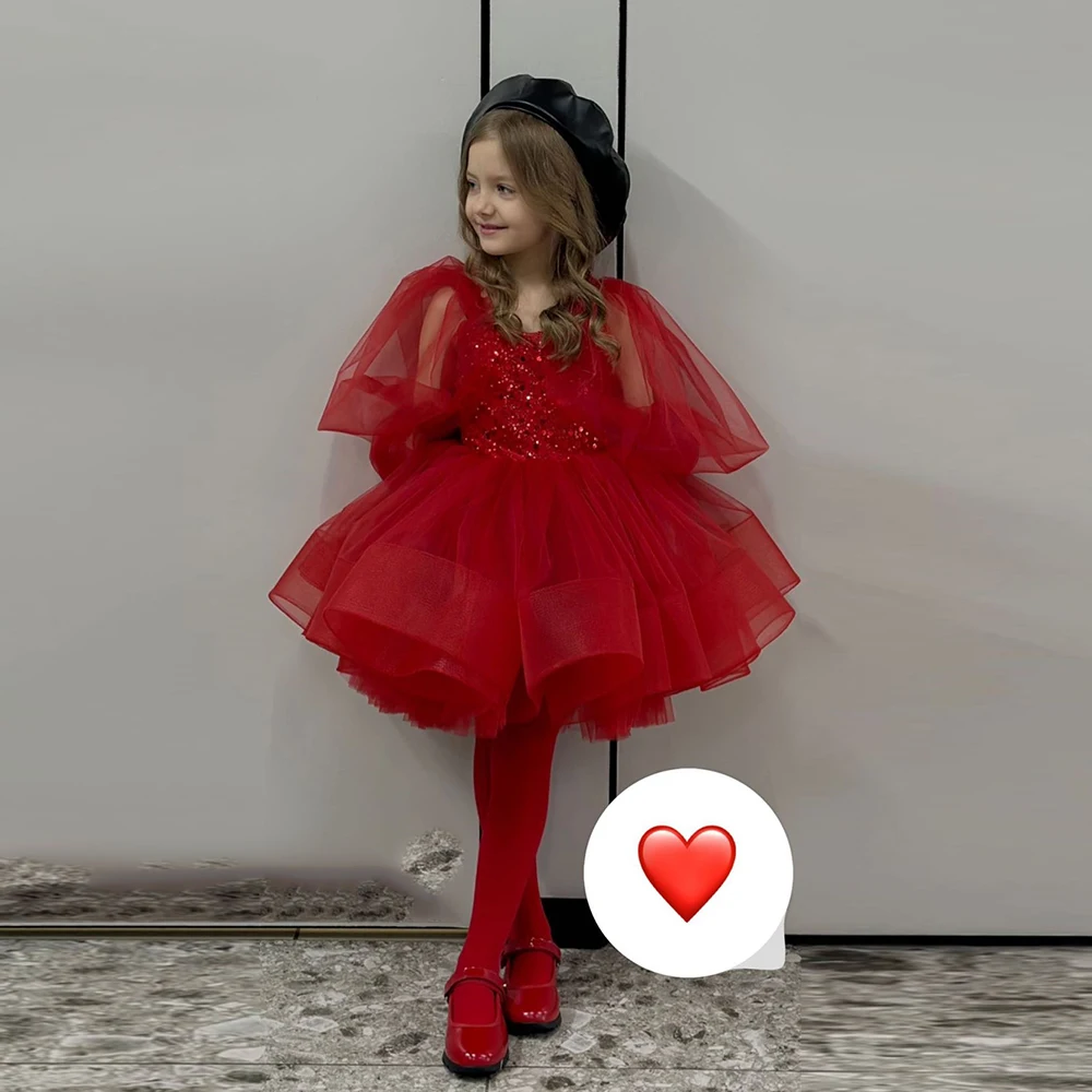 Red Flower Girls Dresses with Sequined 2025 Summer New Full Sleeve Soft Tulle Christmas Dresses for Princess فستان عيد الميلاد