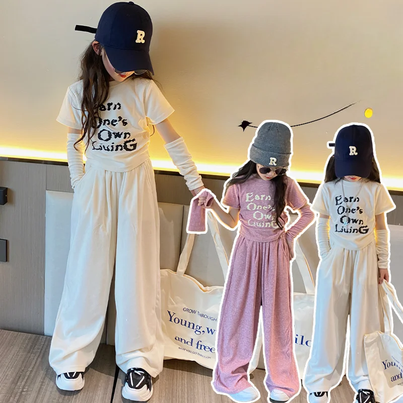 

Girls Suits Children Spring Suit New Style Fashion Girls Two Sleeved T-shirt Casual Wide-leg Pants Two-piece Set Clothes