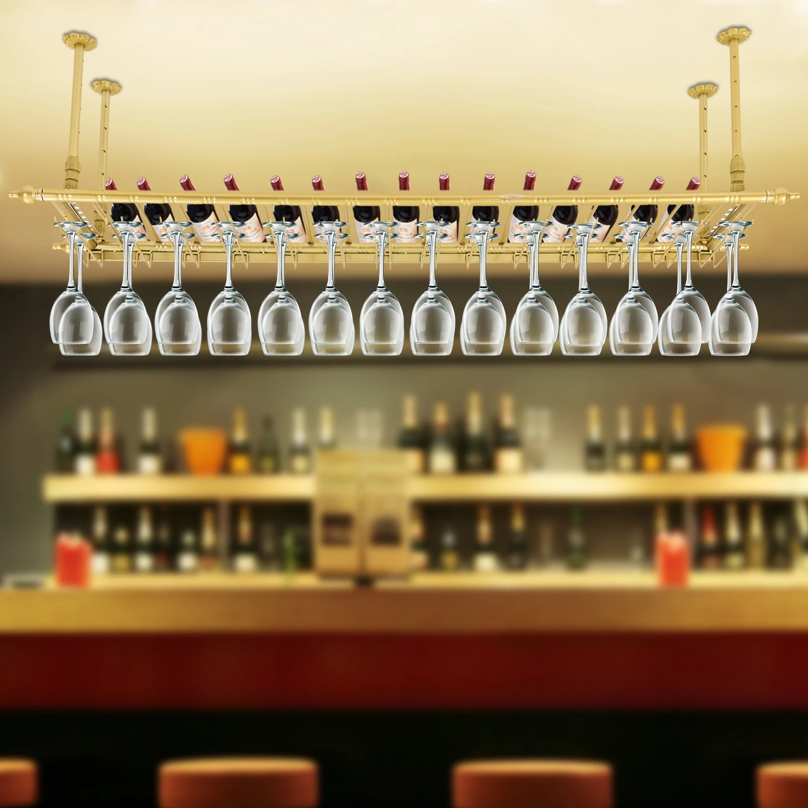 

Wine Bar Wall Rack 60'', Hanging Bar Glass Rack&Hanging Bottle Holder Adjustable