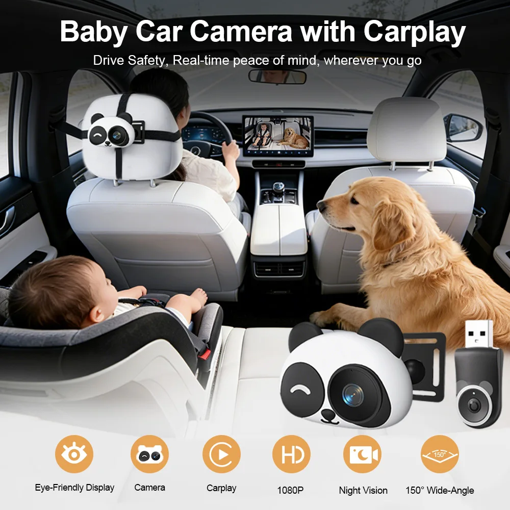 

Cabin Care Baby Car Camera Wireless Carplay Adapter 1080P 150° Wide Angle Night Vision Back‑Seat Monitor Easy Install