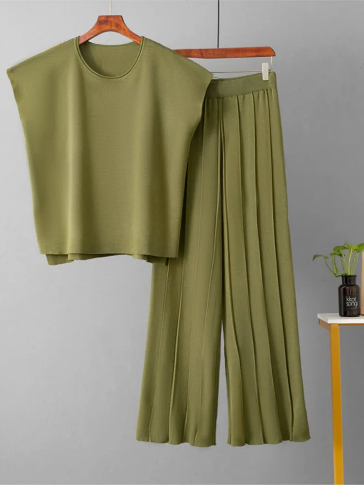 Mode Stricken Set Für Frauen Casual Solide O Hals Ärmellose Tops + Hohe Taille Breite Bein Hosen 2-stück Sets Dame Büro Kleidung Sommer