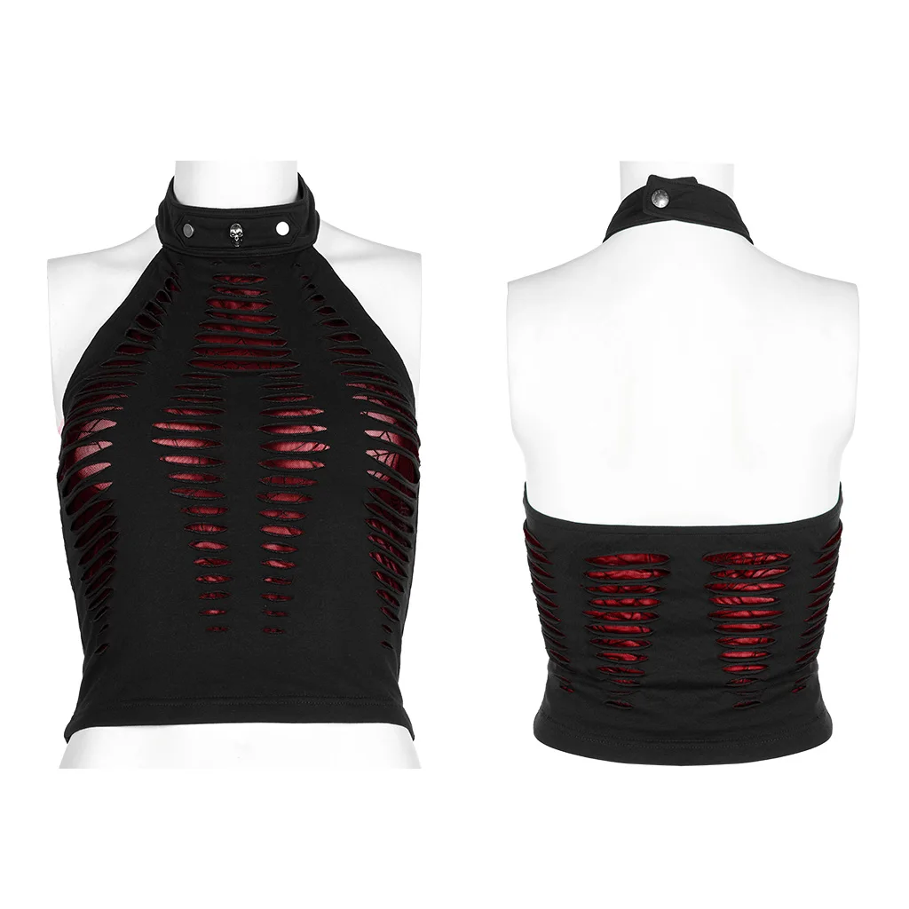 Gothic Halter Top T-shirt, Black Slashed Crop Tank with Green Spider Mesh, Punk Skull Buckle Detail WT712