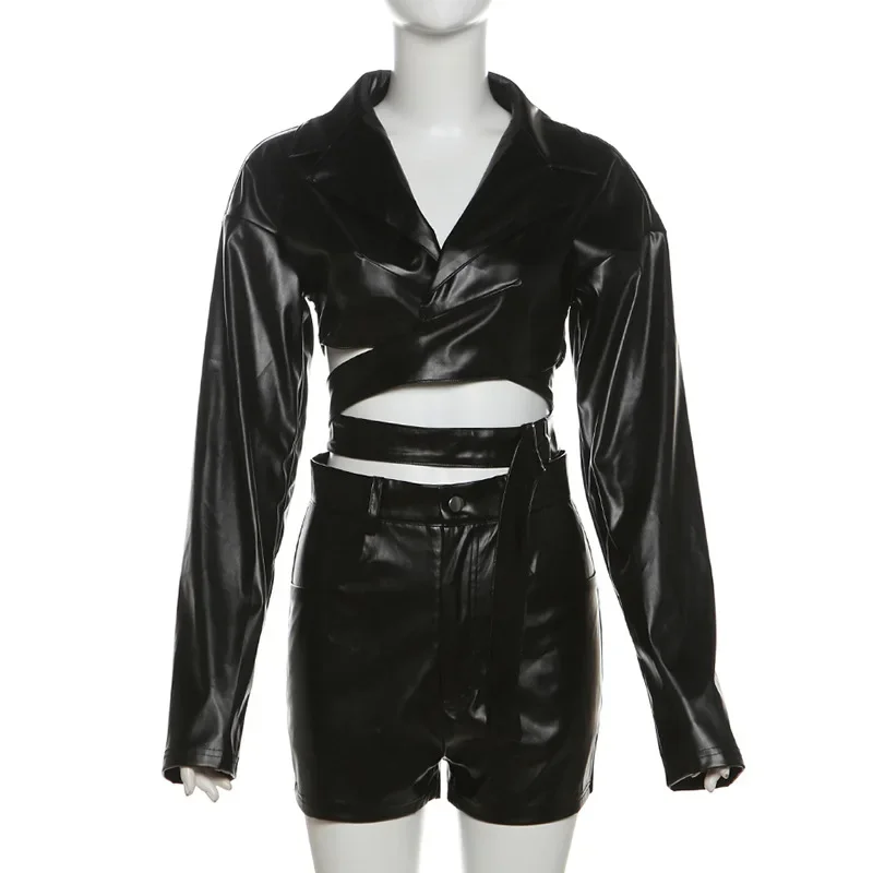 2024 Autumn Women Black PU Leather 2 Piece Set Lapel Long Sleeve Cross Sash Jacket Crop Tops + Shorts Casual Y2K Matching Suit