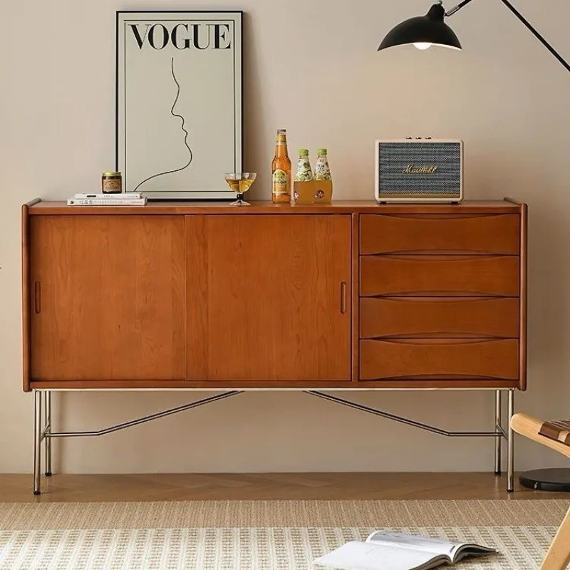 

Nordic solid wood dining side cabinet, retro tea cabinet, wine cabinet, coffee cabinet, stainless steel medieval furniture