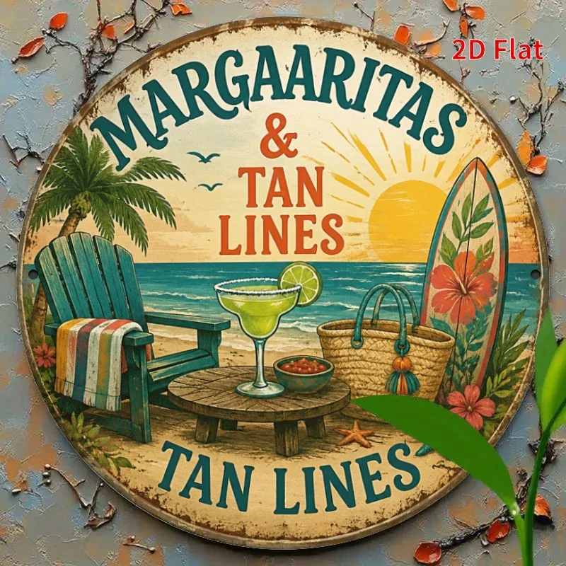 2D Flat - Decorative Sign 2D Flat, [2Dflat], 1pc 7.87X7.87inch- Margaritas Tan Lines Beach Tin Sign, Retro Tropical Metal Wall D
