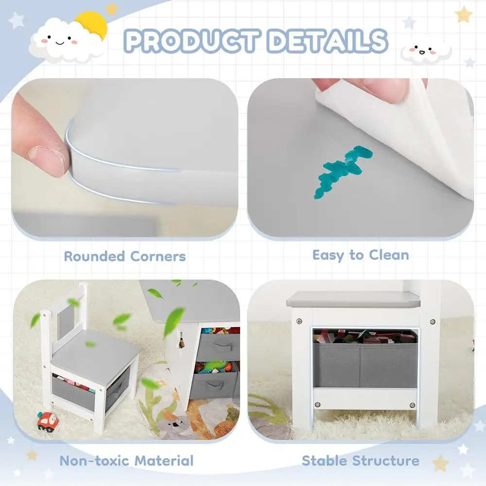 Ensemble bureau et chaises pour tout-petits en bois gris avec 2 chaises et 6 bacs de rangement, meubles pour enfants résistants à l'eau