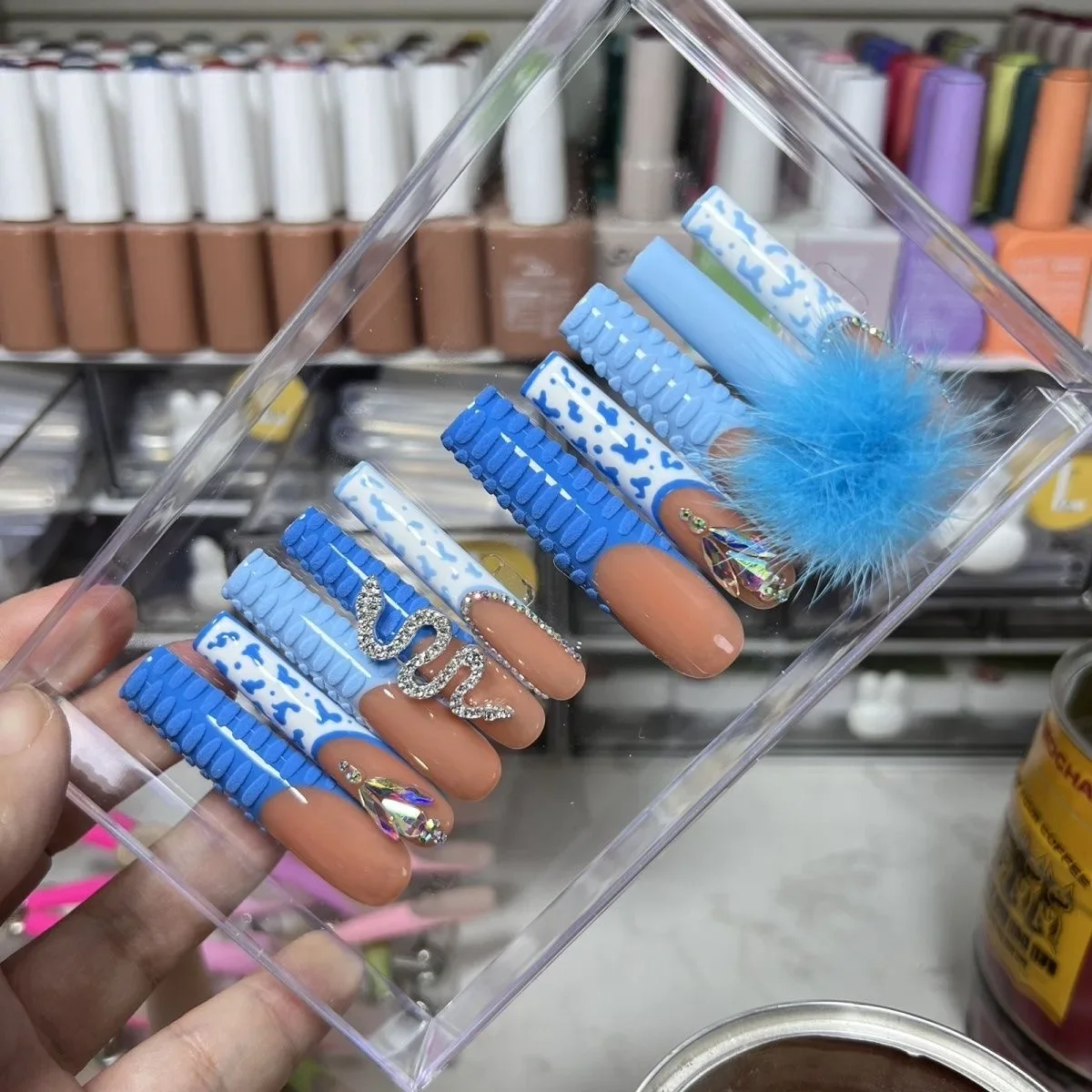 Hecho a mano 10CM púrpura Y2K largo cuadrado prensa en uñas personalizado XXXL acrílico puntas de uñas postizas Bling uñas postizas con pegamento fiesta