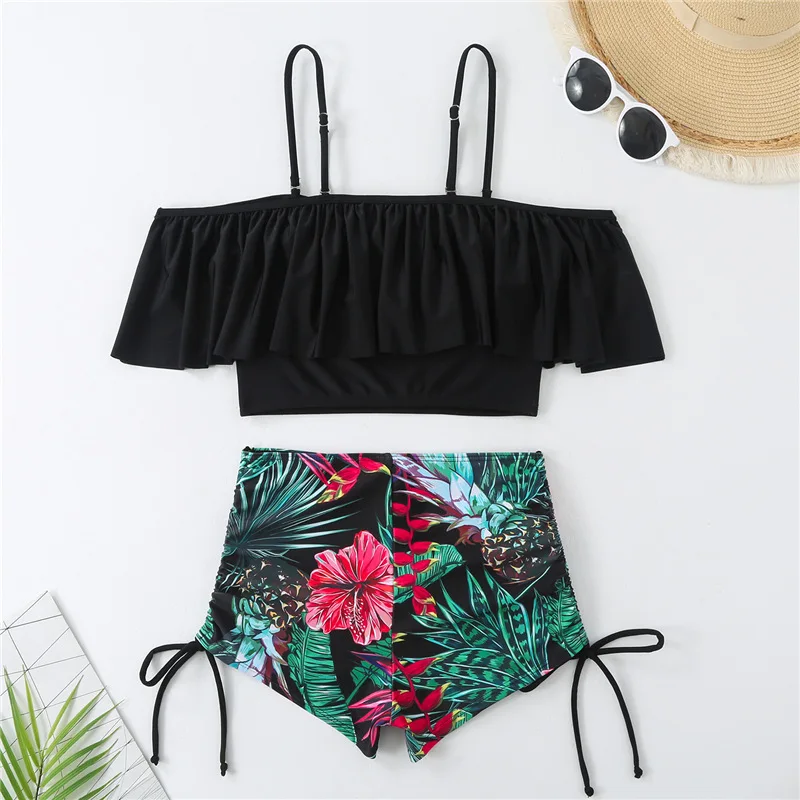 Women's High Waist Bikini Set Conservative Swimwear Tummy Control Tie-Side Bottoms Ruffled Top 2025 Summer Two Piece Shorts Set