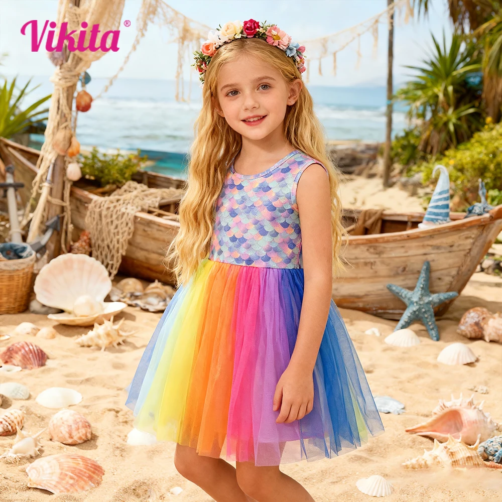 VIKITA Girls Polyester Mermaid Scale Summer Sleeveless Dress Kids Rainbow Patchwork Layered Tulle Skirt Birthday Party Vestidos