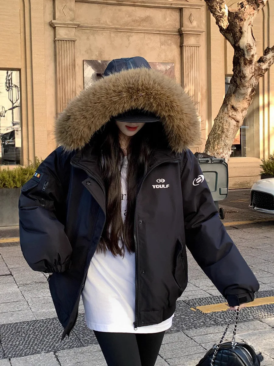 

Parkas Blue Womens Winter Thickened Puffer Anti-Cold Cotton-Padded Fur-Collar Hooded Outerwears Warm Leisure Waterproof Trendy