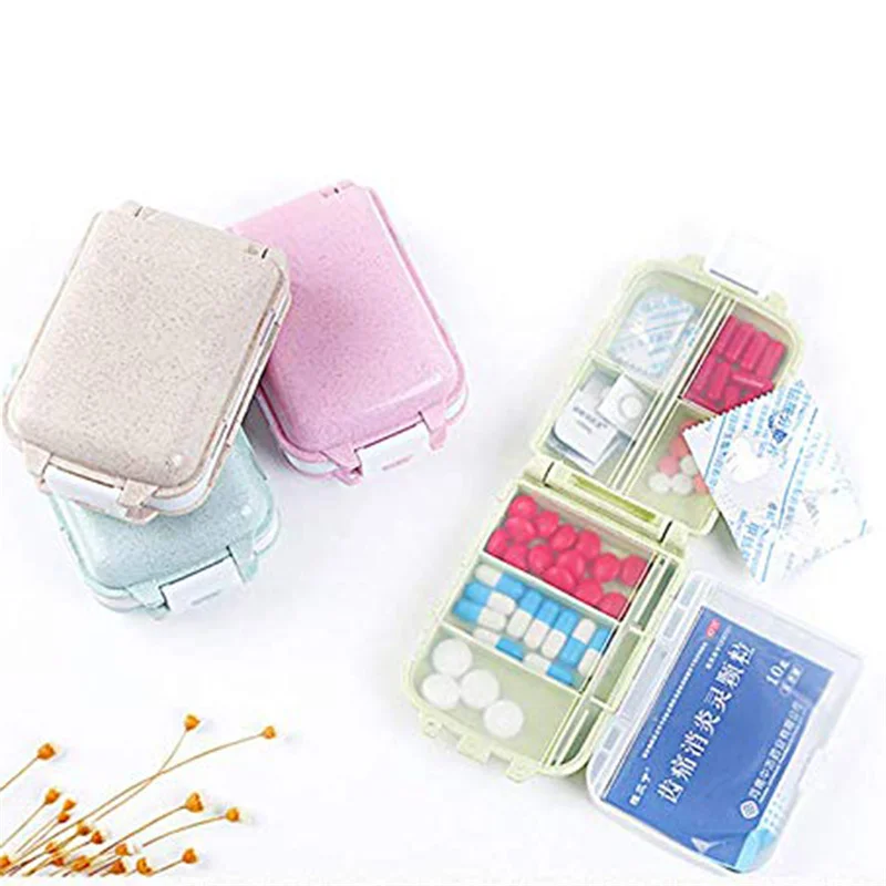 8 Grids Wheat straw 3 layers Portable Mini Pill Case Medicine box travel school Medical Drugs dispensing kit Empty Container