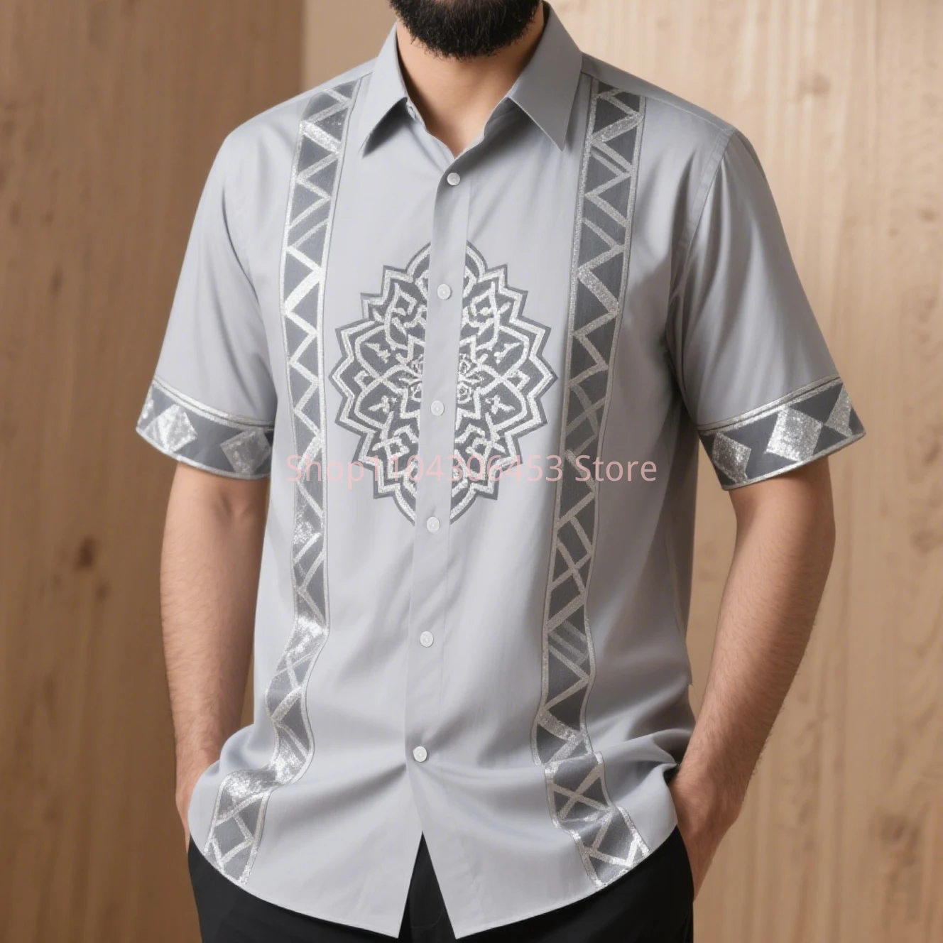 

New Men Simple Retro Fashion Ethnic Pattern Printed Short-sleeved Lapel Shirt Light Breathable Light Color Business Casual Party
