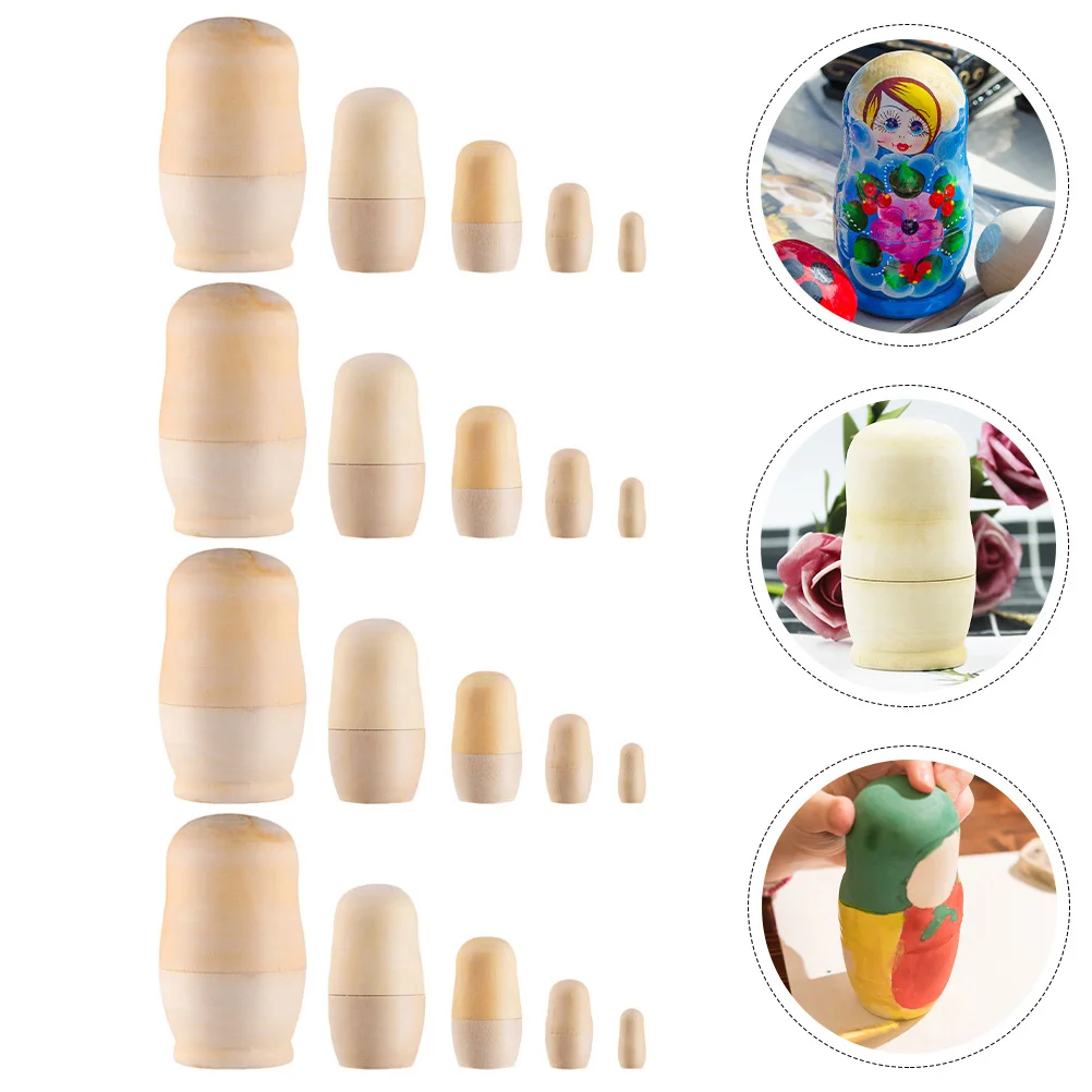 

4 Sets White Matryoshka Kids Supplies Children’s Toys Baby Unpainted Nesting Dolls Russian Wood Blank