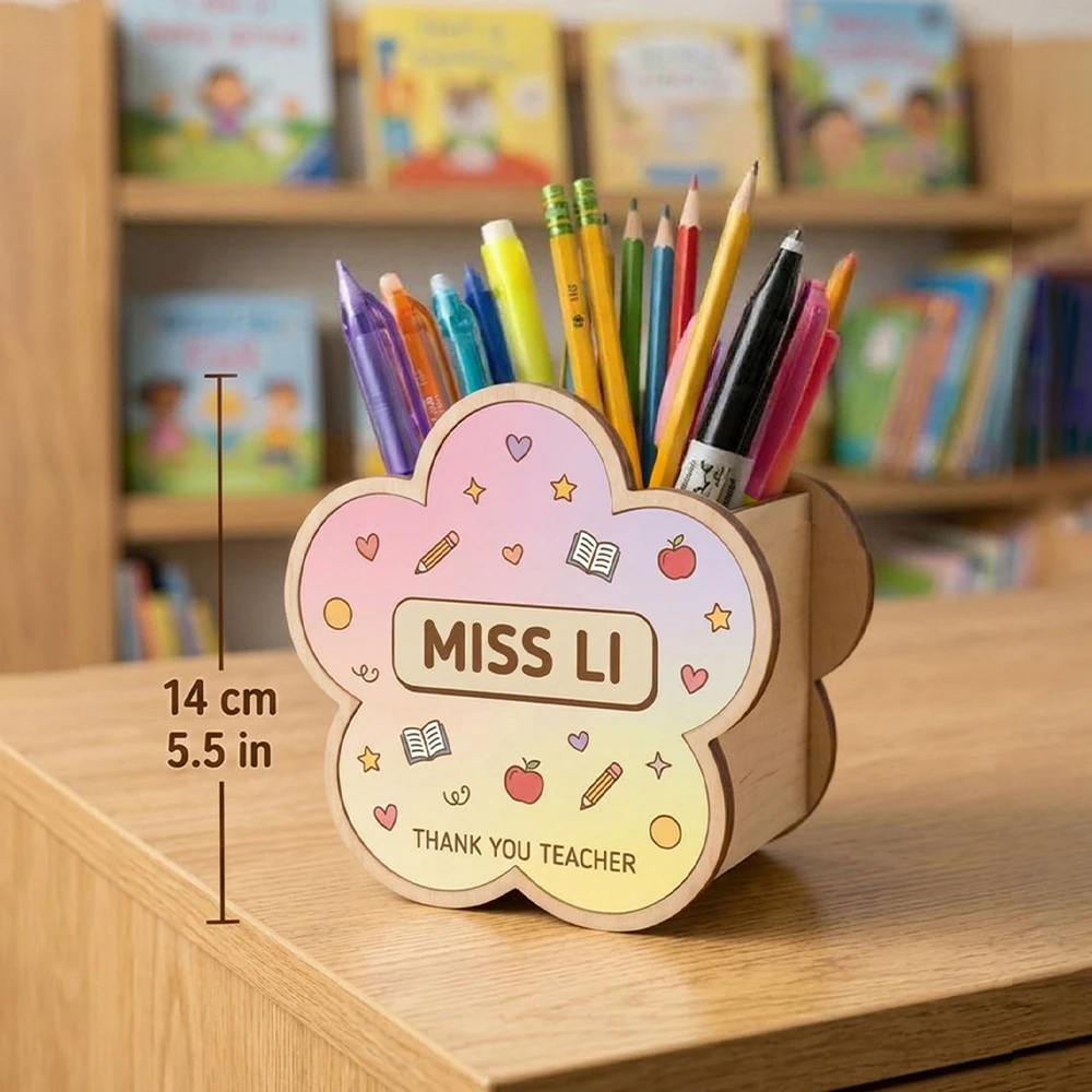 Customizable Floral Pencil Caddy,Wood Desk Storage Rack,Personalized Text,Back To School,For Tutors,Office Table Decor,Sentiment