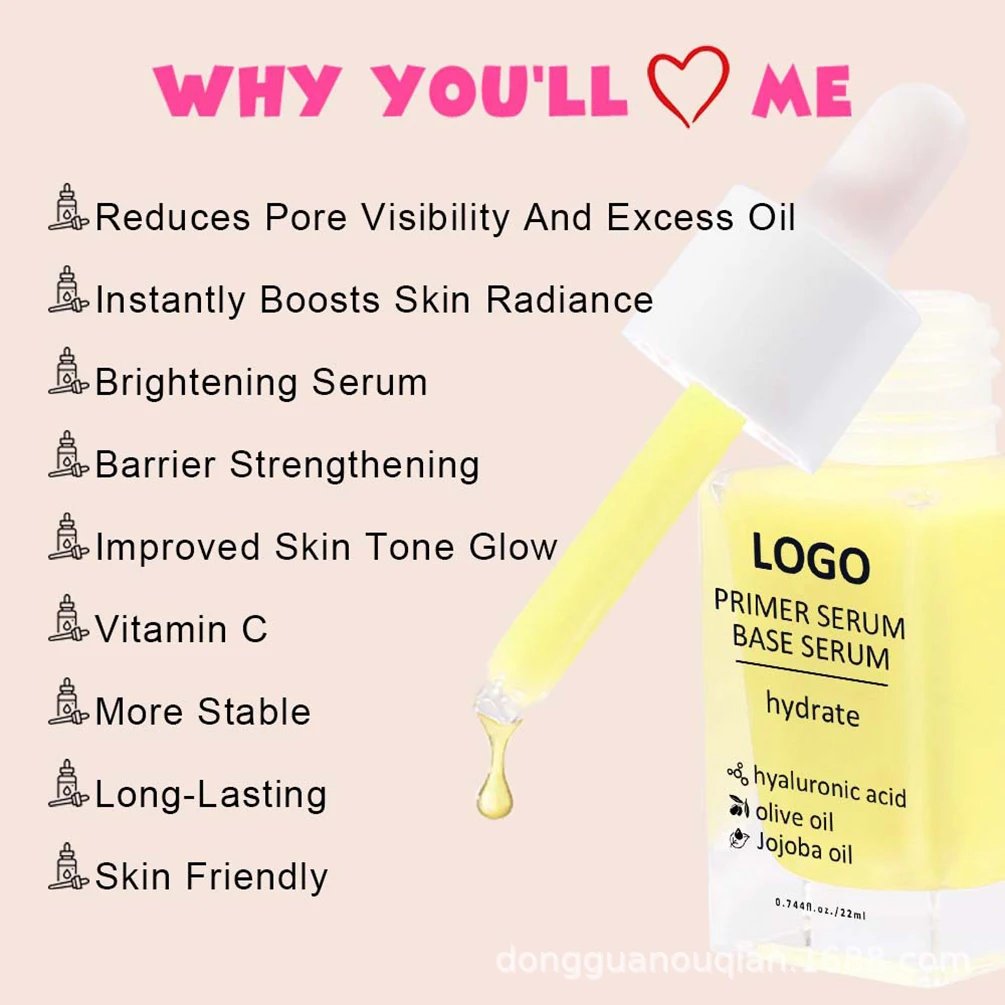 Apprêt à l'essence pour le visage, 22ml, marque privée, hydratant, acide hyaluronique, 3 couleurs, maquillage éclaircissant, Logo personnalisé, vente en gros