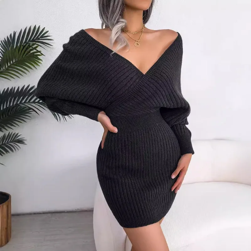 2024 Sexy Cross V-neck Bat Skirt Bag Hip Dress Woolen Dress Women\'s Dress for Women Vestido Streetwear Clothes sweater
