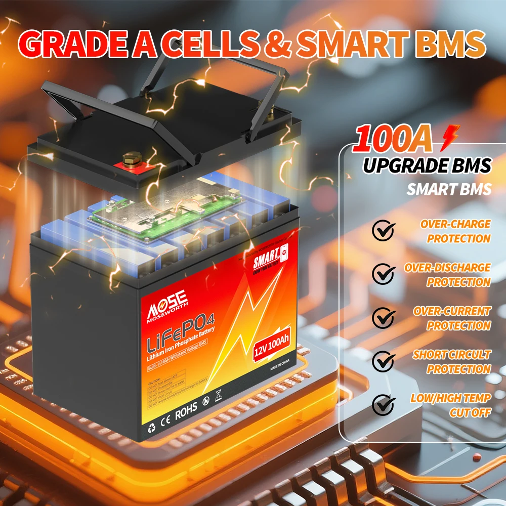 MOSEWORTH LiFePO4 12V 100Ah แบตเตอรี่ 12.8V แบตเตอรี่ลิเธียม 8000 + รอบพร้อมบลูทูธ BMS เกรด A สำหรับเรือ RV แคมป์เปอร์