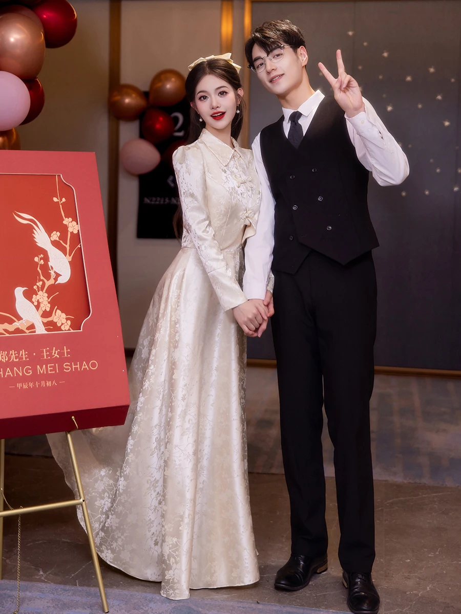 

Champagne Colored Long Sve Wedding Dr Traditional Chinese Sle Engagement Par Dr Ele Winter New Arr...
