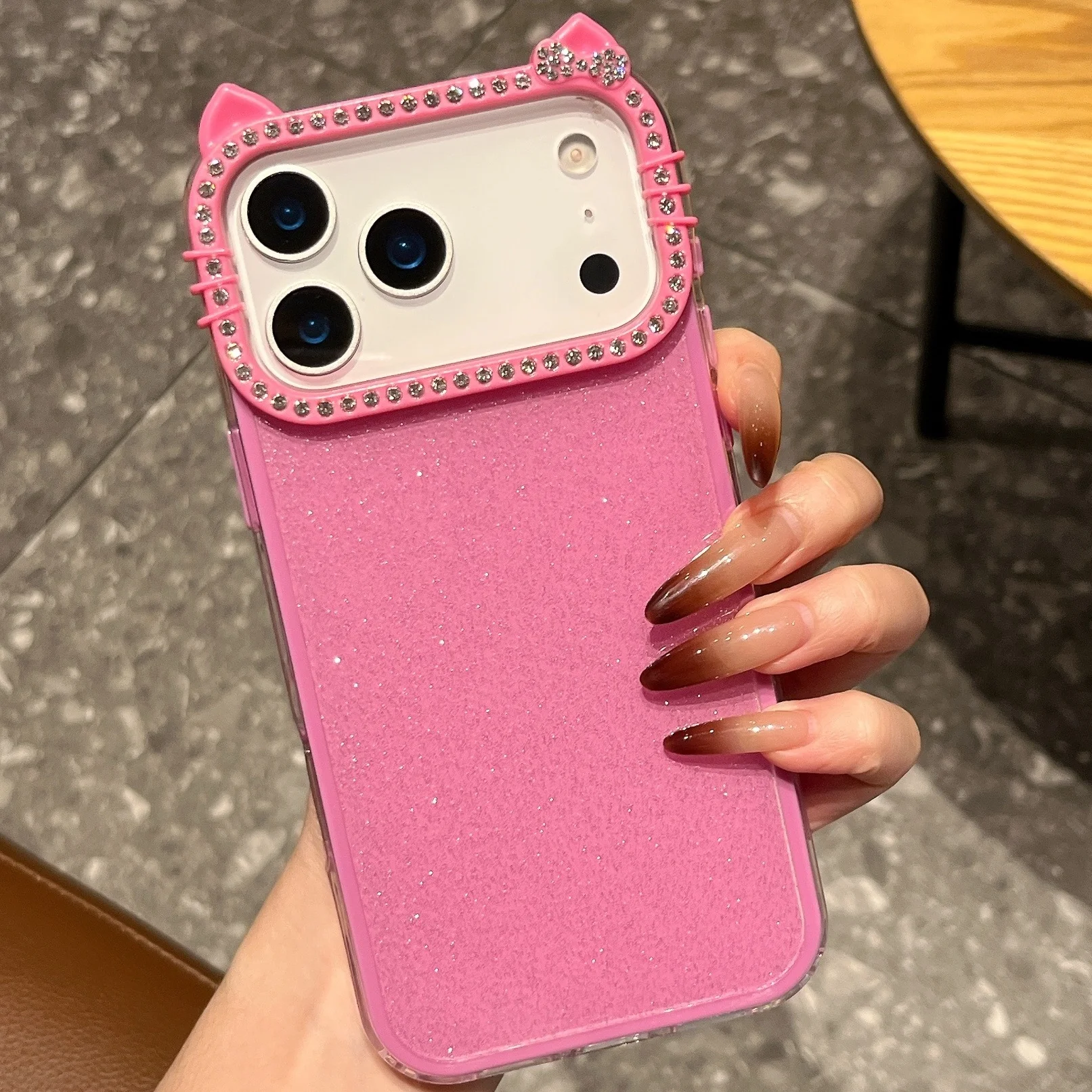 

Lovely Cat Ear Phone Cover For iPhone 17 Pro Max Shining Glitter Case For iPhone 15 Pro 17 ProMax 16Promax 14 Diamond Hard Shell