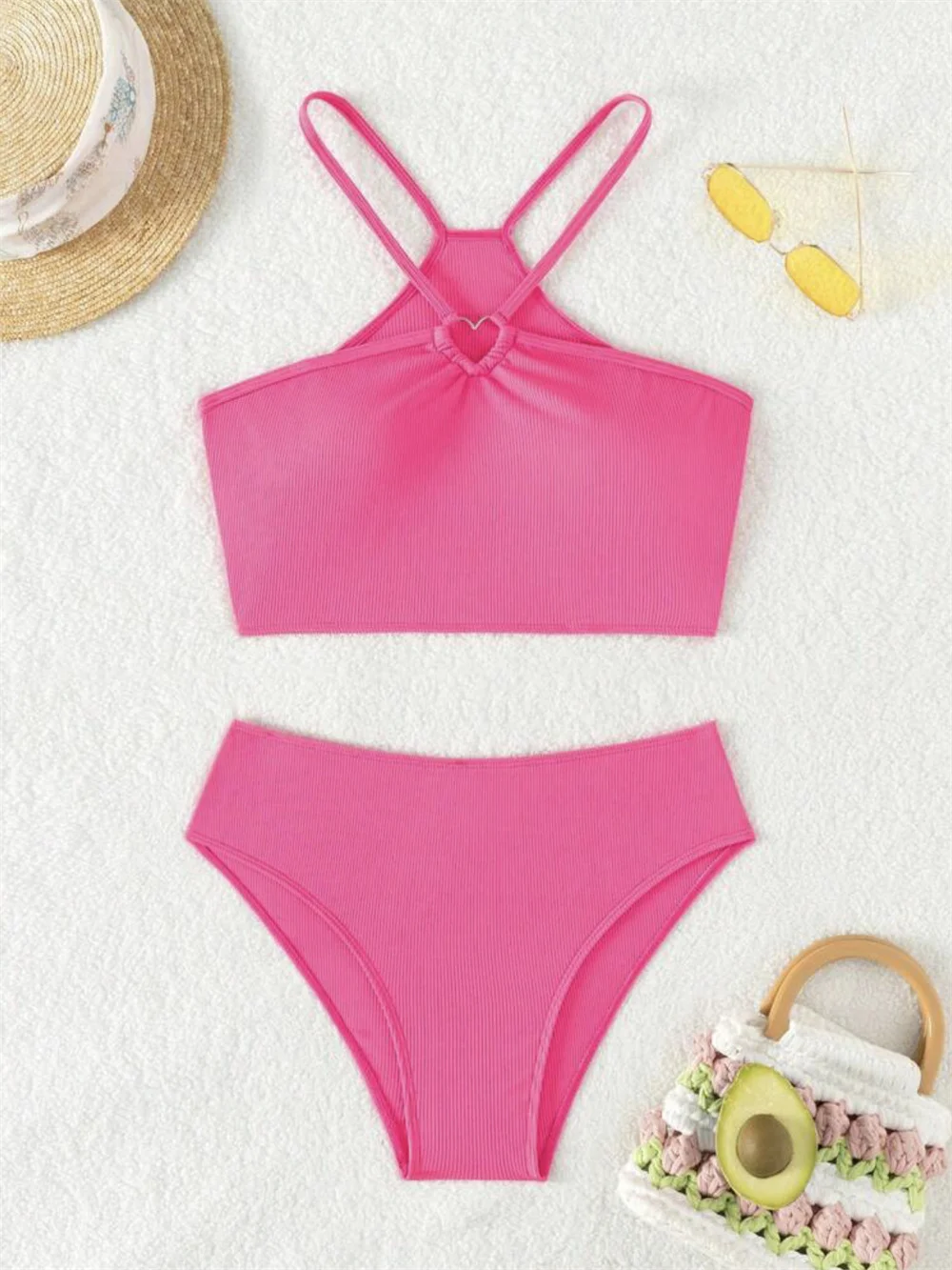 Bikini Tankini con anillos de corazón para mujer, bañador con Tanga y tirantes, ropa de baño de cintura alta Y2K para vacaciones, ropa de playa de dos piezas