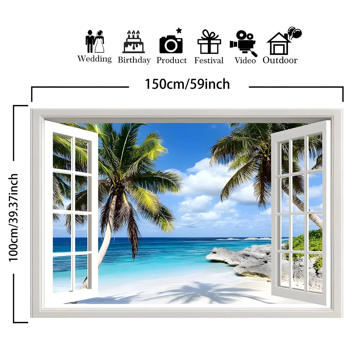 1 tropical beach landscape wall sticker background - easy to hang polyester banner with palm trees and ocean scenes view 2