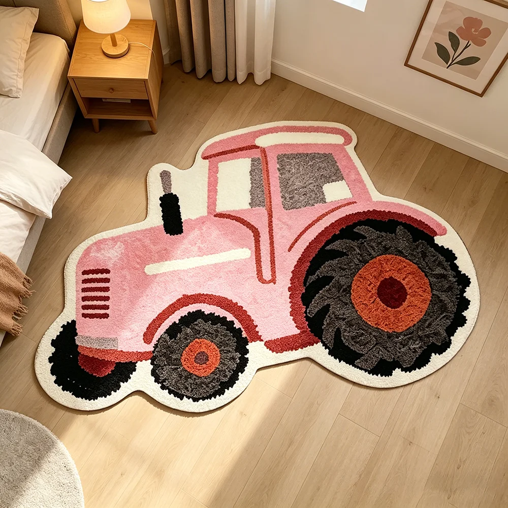 Cartoon Pink Tractor-Shaped Rug Creative Irregular Bedroom Bedside Carpet Soft Comfortable Floor Mats Home Decoration Carpets