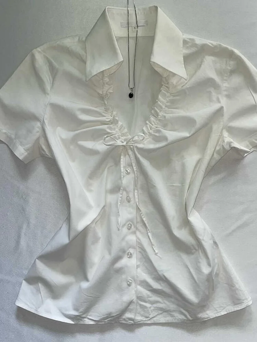 

Ele White V-ne irt Женская модная винтажная смесь хлопка ort Sve Commute Sle irt Оригинальный дизайн