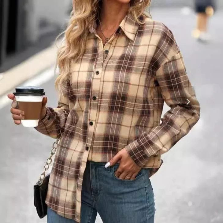 

Women's Plaid irt Collar Off-oulder Casual Loose Fit Long Sve Polyester Stripe Patterned Casual Wear for Ladies