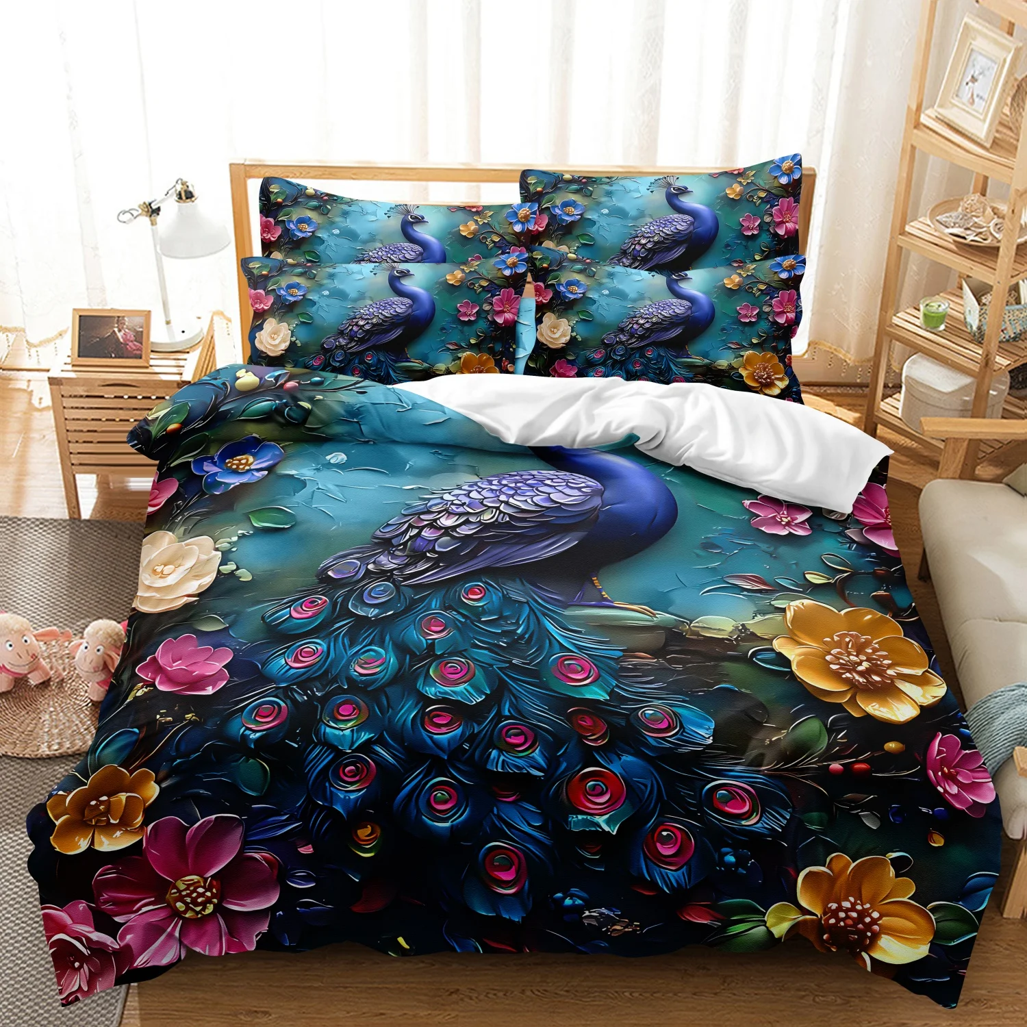 Parure de lit imprimée motif floral paon vibrant, 3 pièces, motif floral tropical iridescent queue de paon, bleu sarcelle foncé