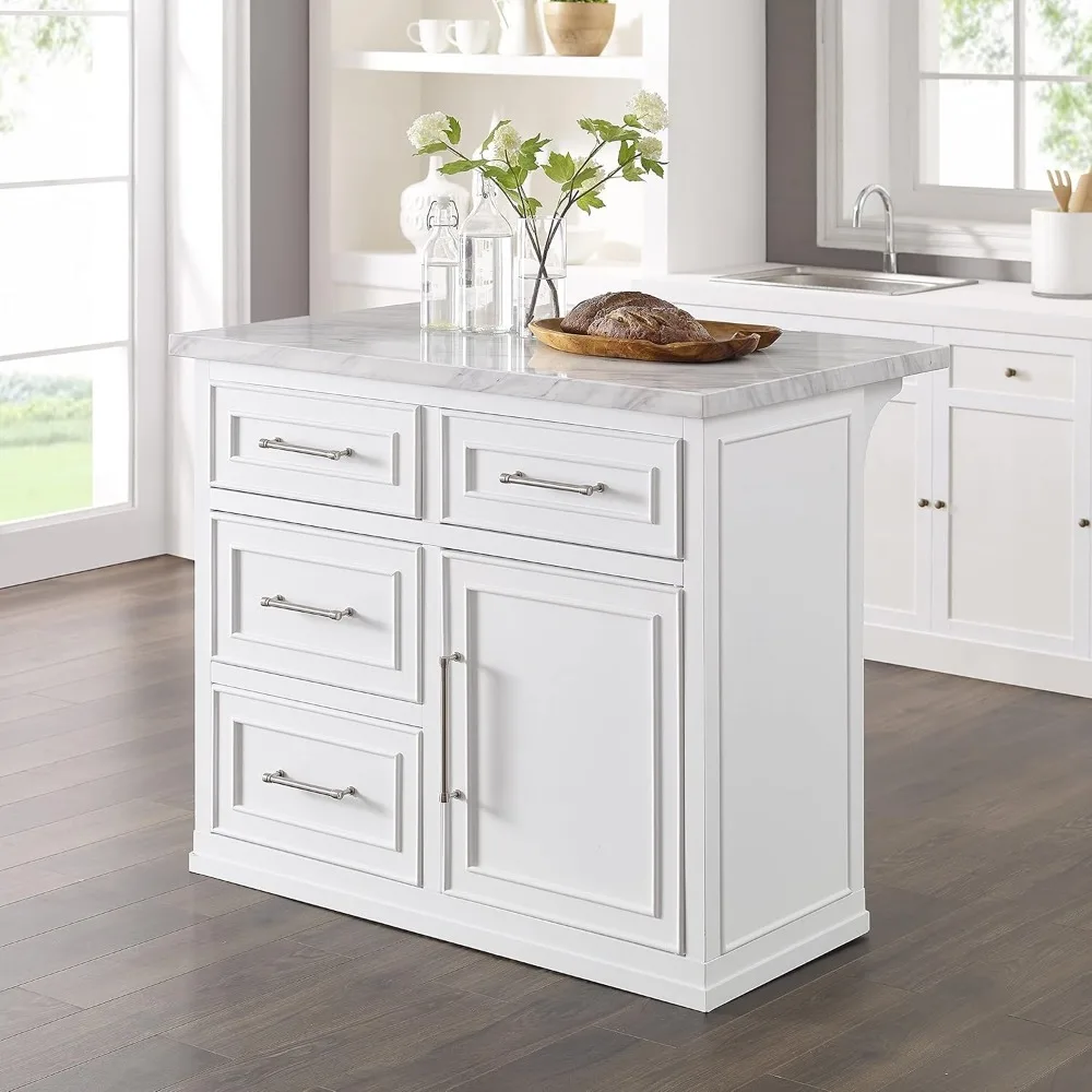 Crosley Furniture Cutler White Faux Marble Kitchen Island with Storage and Breakfast Bar, Suitable for Microwave Stand