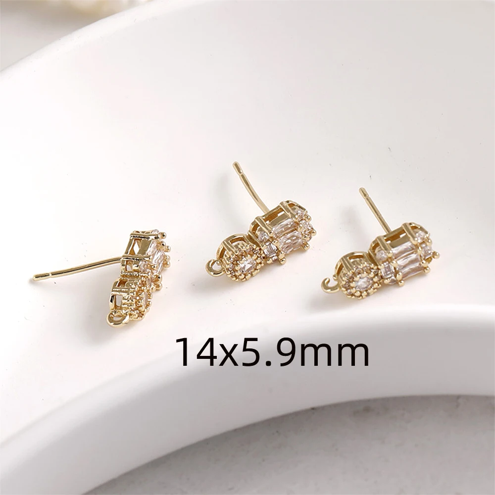 2 Pieces Brass Plated with 14k Gold Zircon Inlay Square Round Earrings DIY Jewelry Making Semi-finished Product Accessory