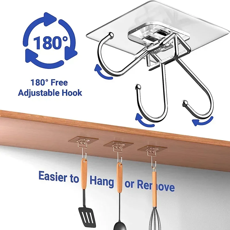 3/10Pcs Large Hooks Heavy Duty 22 lbs Waterproof Adhesive Wall Hooks Nail-Free Transparent Waterproof Hooks for Kitchen Bathroom