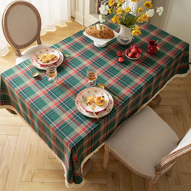 1 Stück Weihnachts-Tischdecke mit Quasten, amerikanische Retro-Tischdecke mit Karomuster, waschbar, geeignet für Esszimmer, Wohnzimmer, Feiertagsversammlungen