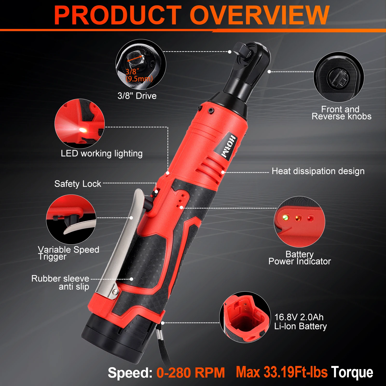 Hormy 16.8V Cordless Electric Wrench 3/8 Right Angle Ratchet Wrench with Socket Set Screwdriver Impact Driver Drill with Battery