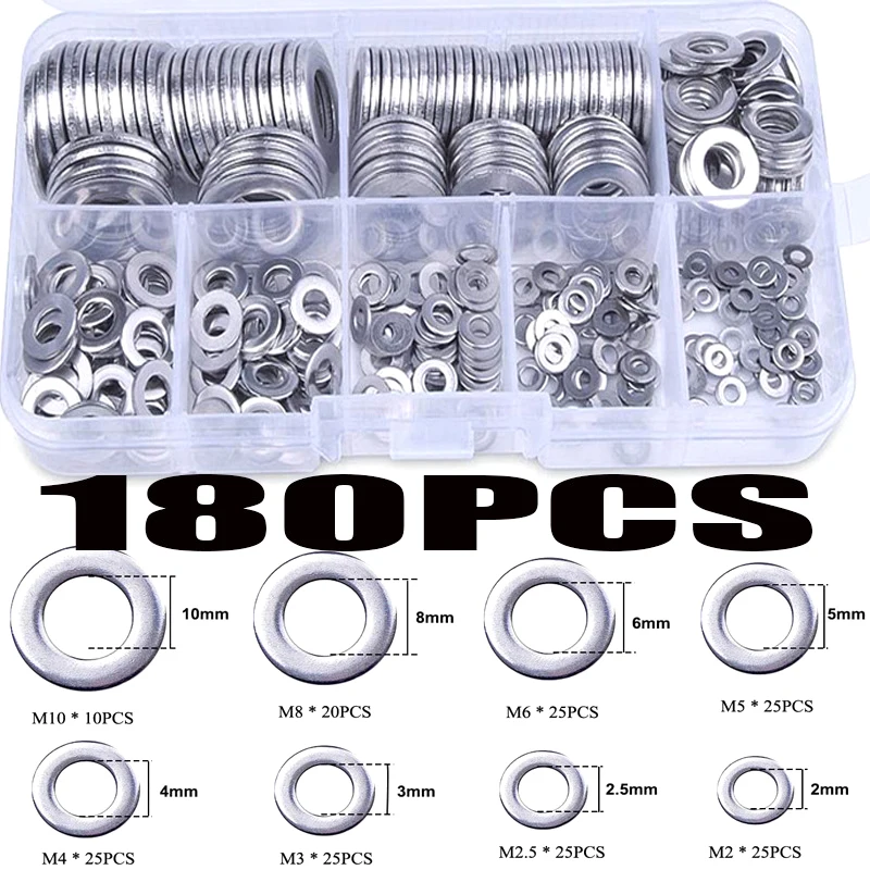 304 스테인레스 스틸 와셔 O 링 패스너 개스킷 세트, M2 M2.5 M3 M4 M5 M6 M8 M10 플랫 와셔 그로밋 와셔, 180 개