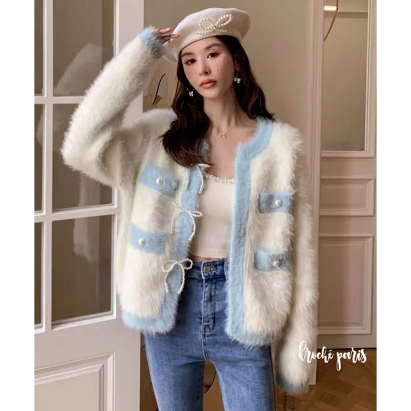 

Celebrity Kroche Pearl Bow Mink Fur Cardigan New Style Temperament Round Neck Cream Sweater Jacket