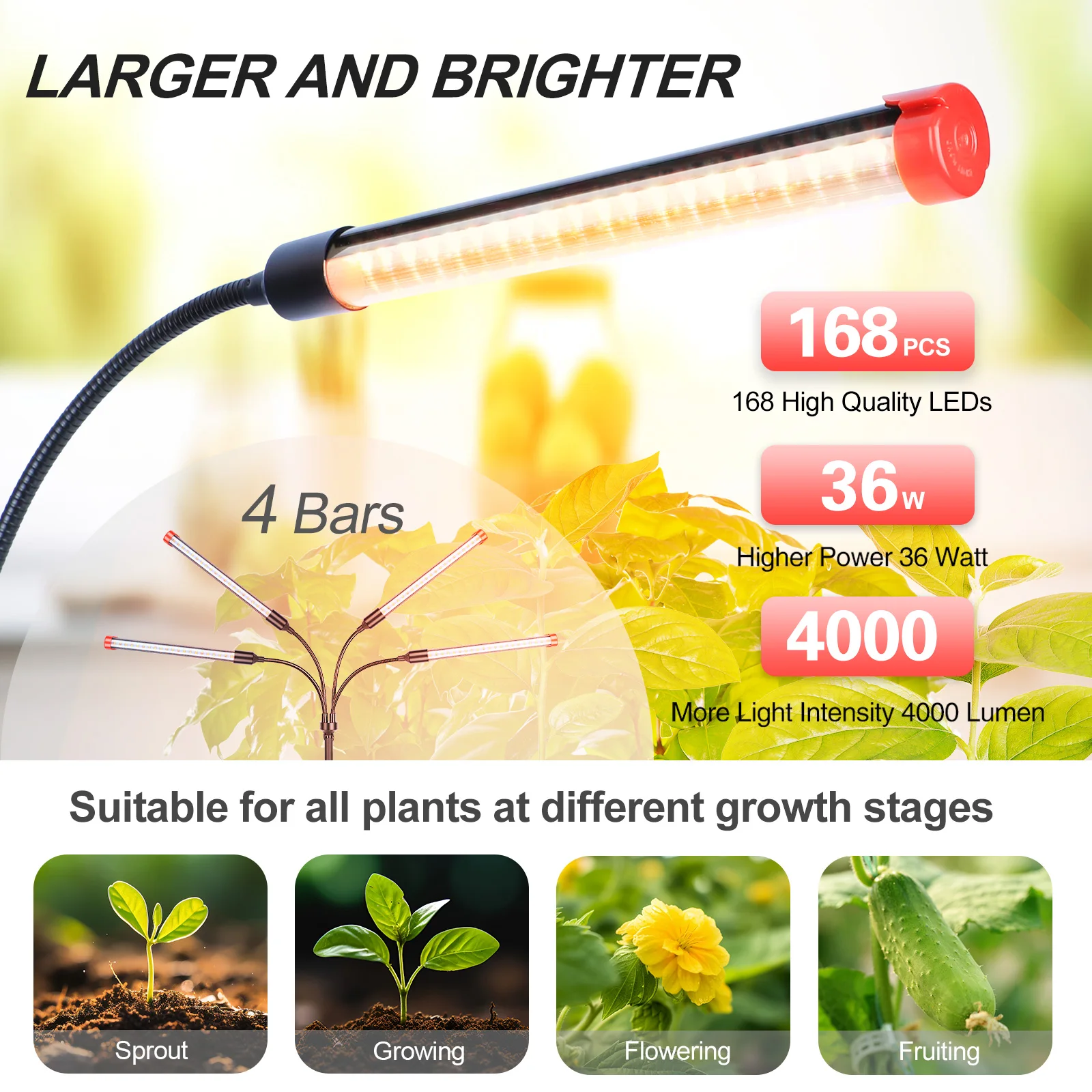 ไฟเติบโตบนโต๊ะ 4 หัวสําหรับพืชในร่ม, เมล็ดเริ่มต้น, บอนไซพร้อมตัวจับเวลา, ปลั๊กไฟบ้าน 36W