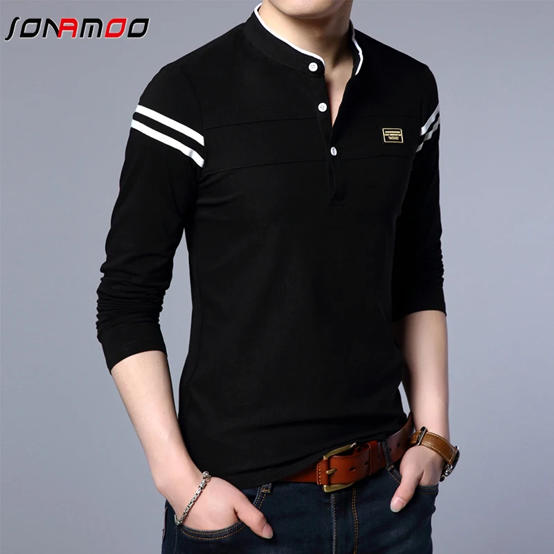 Men\'s Fashion Summer Long Sleeved POLO T-shirt Casual Cotton Breathable Top Stand Up Neck Long Sleeve Korean Comfortable Shirt