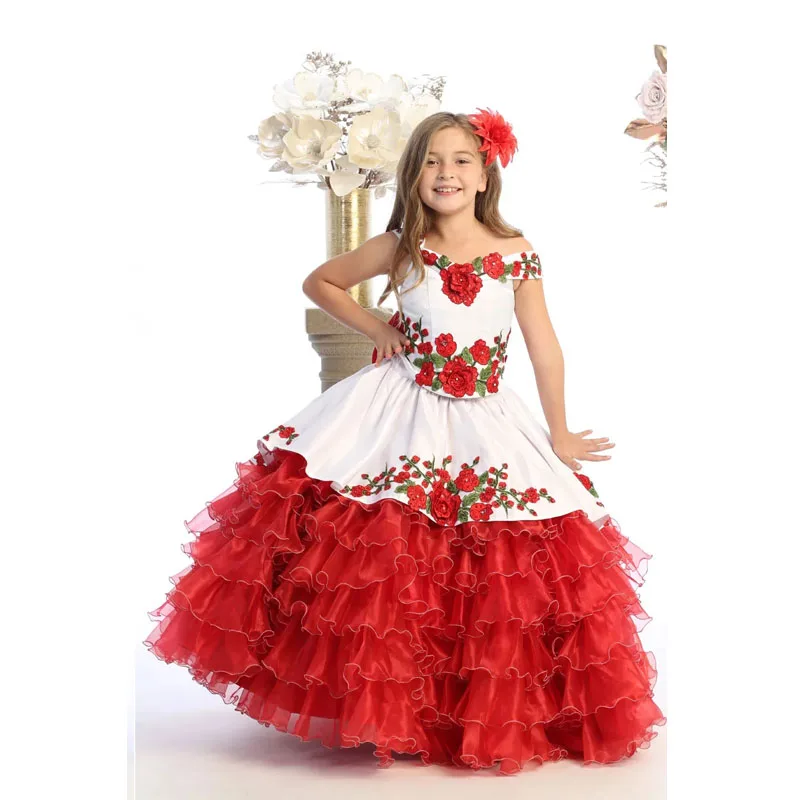 Red Mini Quinceanera Dresses Organza Tiered Appliques Flower Girl Dresses For Weddings Mexican Pageant Dresses Baby Customized