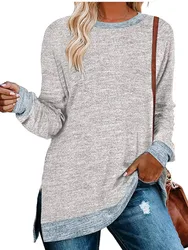 Ladies 2024 T Shirts Spring New Solid Color Vintage And Casual Loose Daily Commuting Tee Long Sleeve O-neck Women's Pullover Top