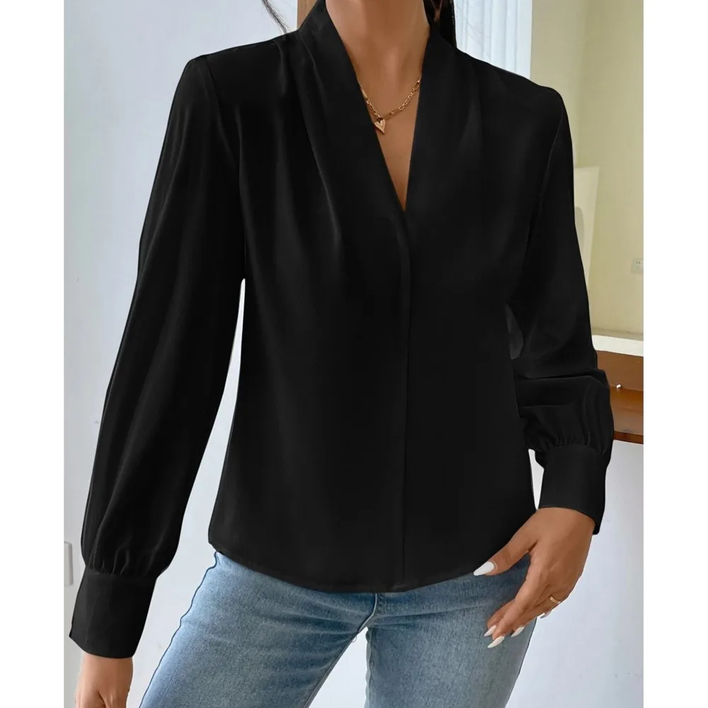 Elegant Office Lady Multi-color Pullover Shirt 2024 Autumn Winter New Long Sleeved Shirts V-neck Solid Color Loose Blouse Blusas