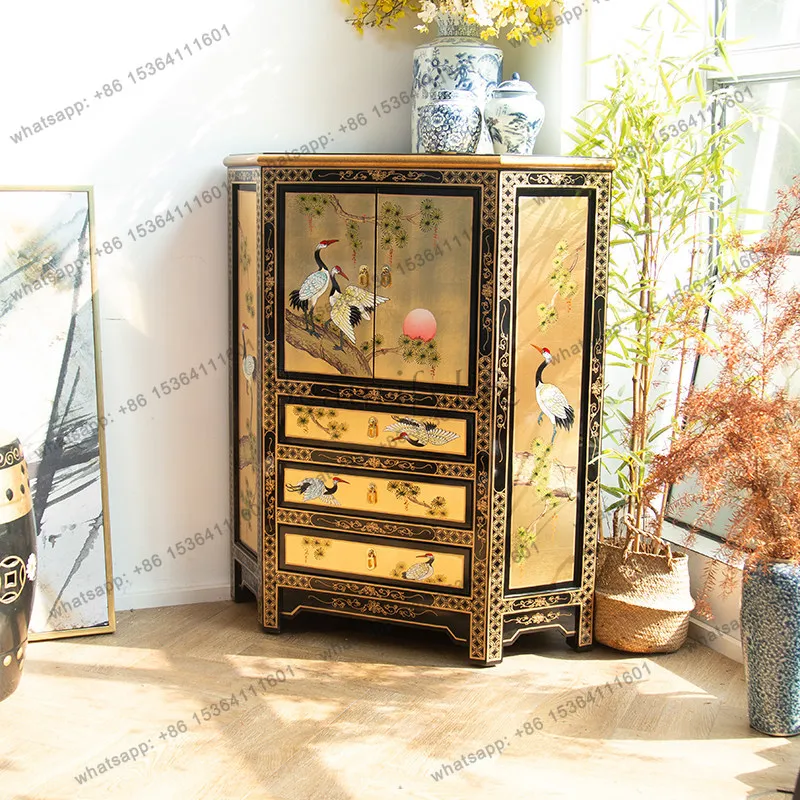 LD25 new Chinese living room decorative cabinet hand-painted gold foil flower stand storage cabinet