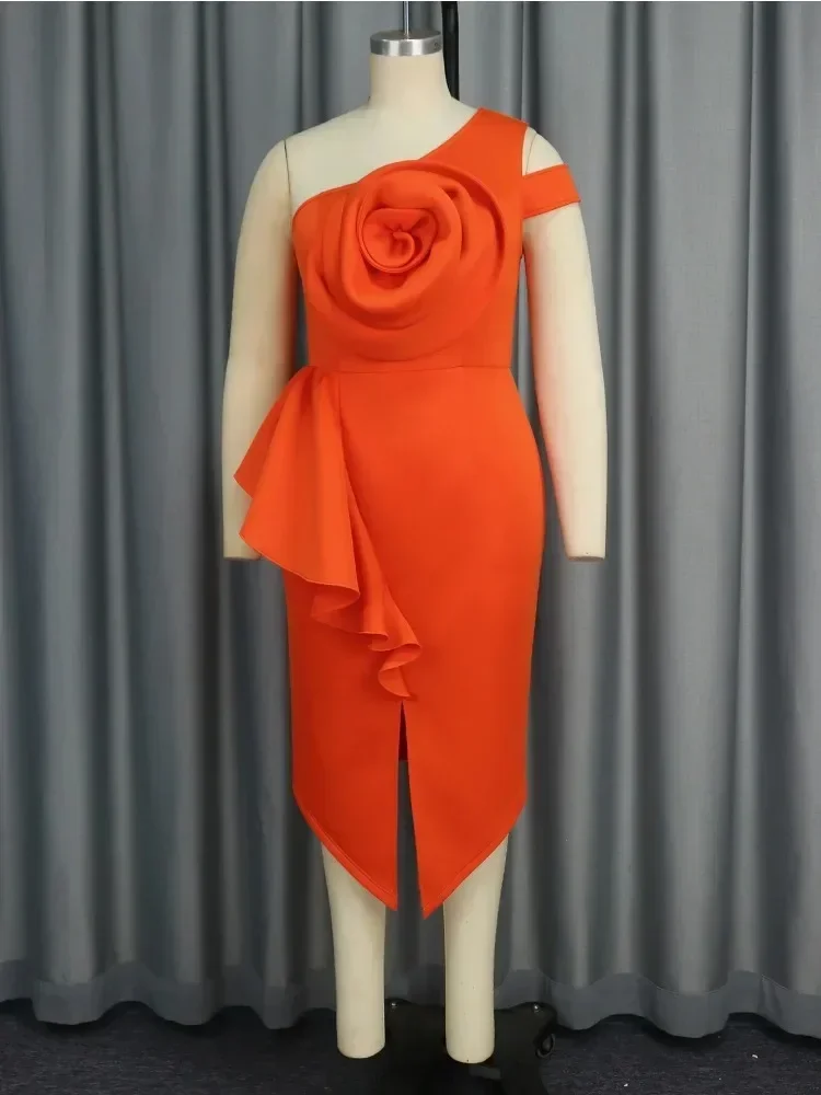 Orange Sexy Dress One Shoulder Large Flower Rose Ruffled Bodycon Dresses Women Elegant Occasion African Wedding Guest Clothing