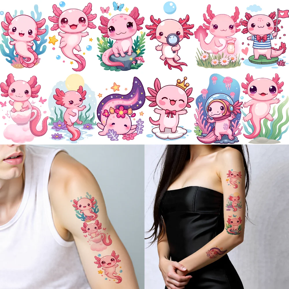 

28pcs Temporary Tattoo Colorful Characters Temporary Tattoo Stickers Cute Axolotl Cartoon For Women Girls Men